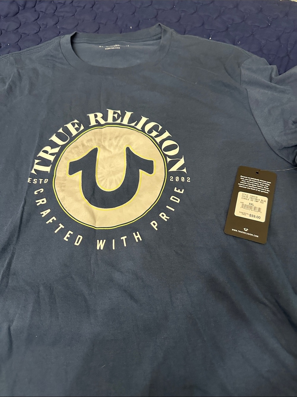 True Religion Navy Short-Sleeve Tee with Cream Logo and Black Accent